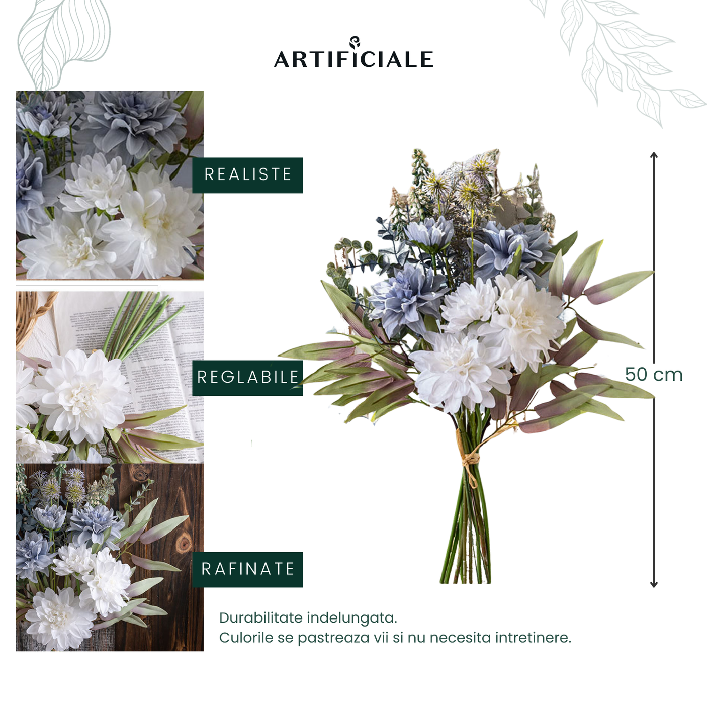 Buchet de Dalii Artificiale Albe și Albastre – Lungime 50 cm, Design Realist, Ideal pentru Decoruri Elegante