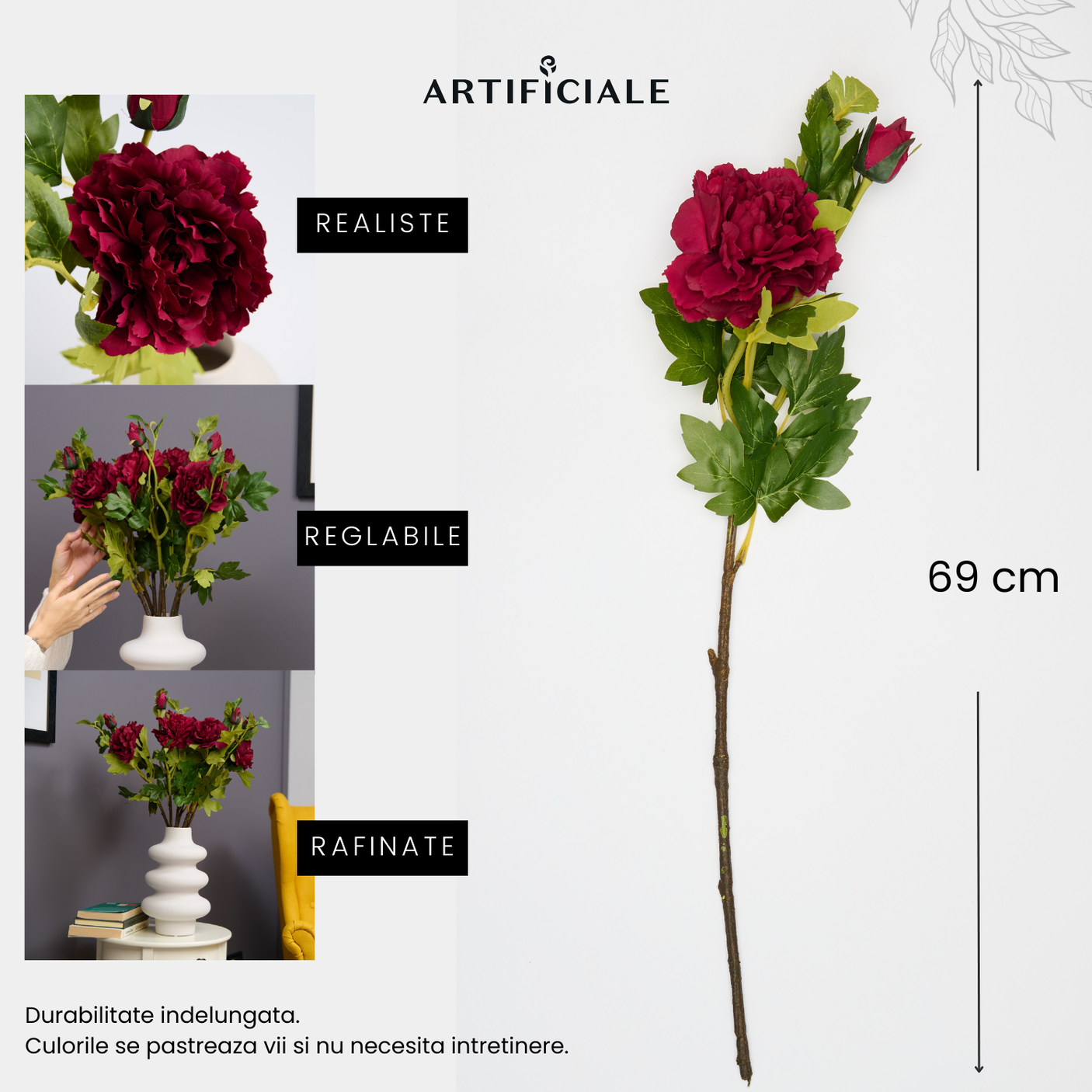 Buchet Bujori Artificiali (Paeonia) - 3 sau 5 Fire, Roz, Alb sau Rosu, Floare 12 cm