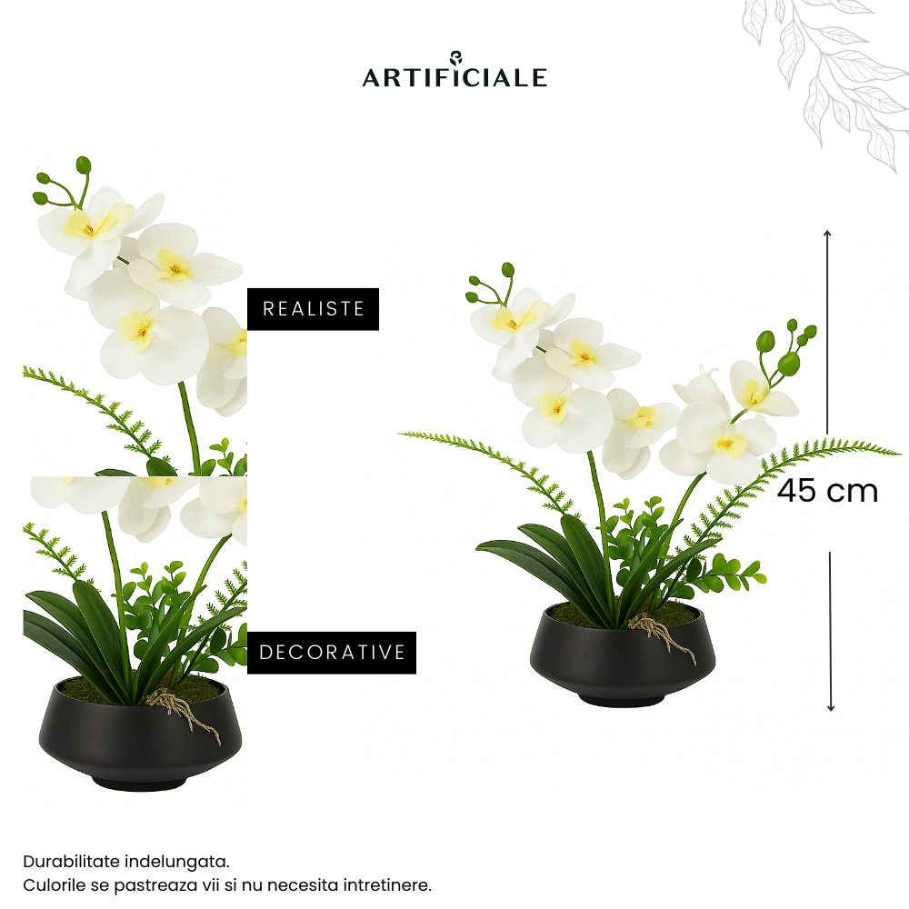 Orhidee Artificiala Phalaenopsis Alba – 45 cm, ghiveci ceramic inclus