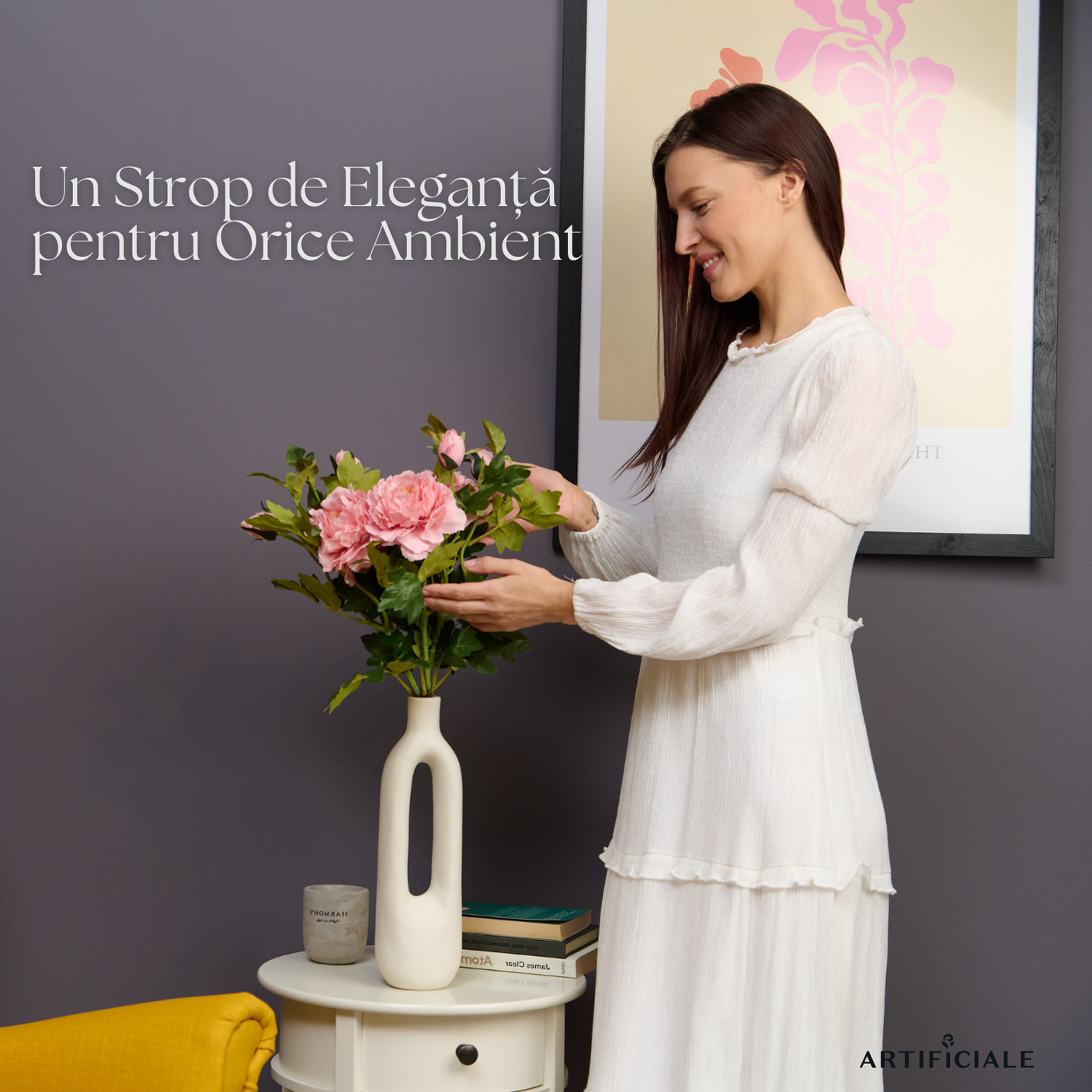 Buchet Bujori Artificiali (Paeonia) - 3 sau 5 Fire, Roz, Alb sau Rosu, Floare 12 cm