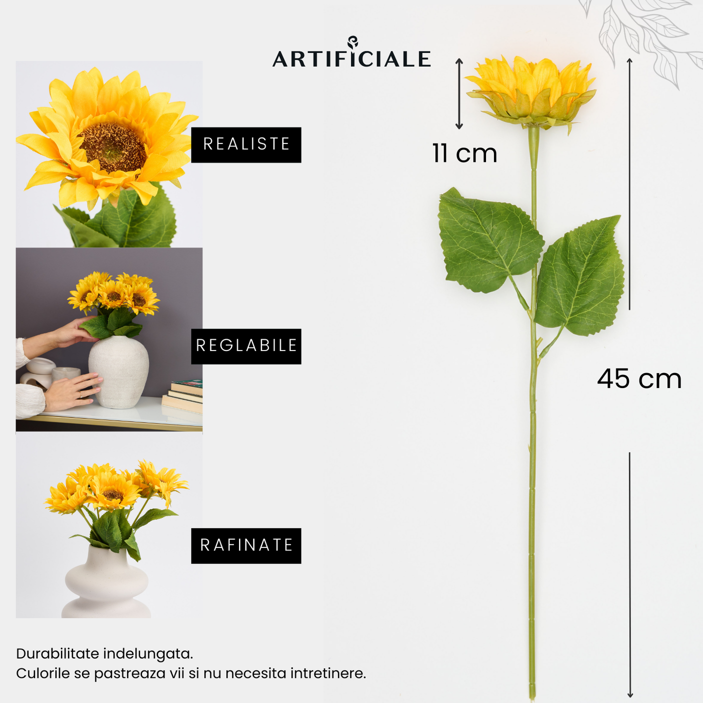Buchet de Flori Artificiale Floarea-Soarelui - 45 cm, Disponibil în Culoare Galbenă - Opțiuni de 3 sau 5 Fire