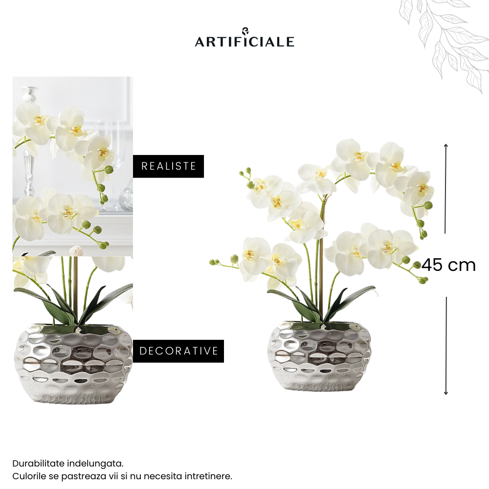 Orhidee Artificiala Phalaenopsis Alba – 45 cm, 4 tije, ghiveci ceramic cu model argintiu