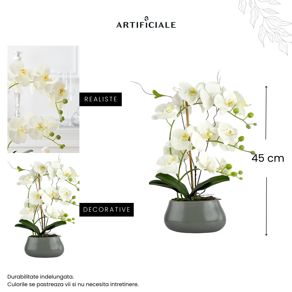 Orhidee Artificiala Phalaenopsis Alba – 45 cm, ghiveci ceramic gri lucios