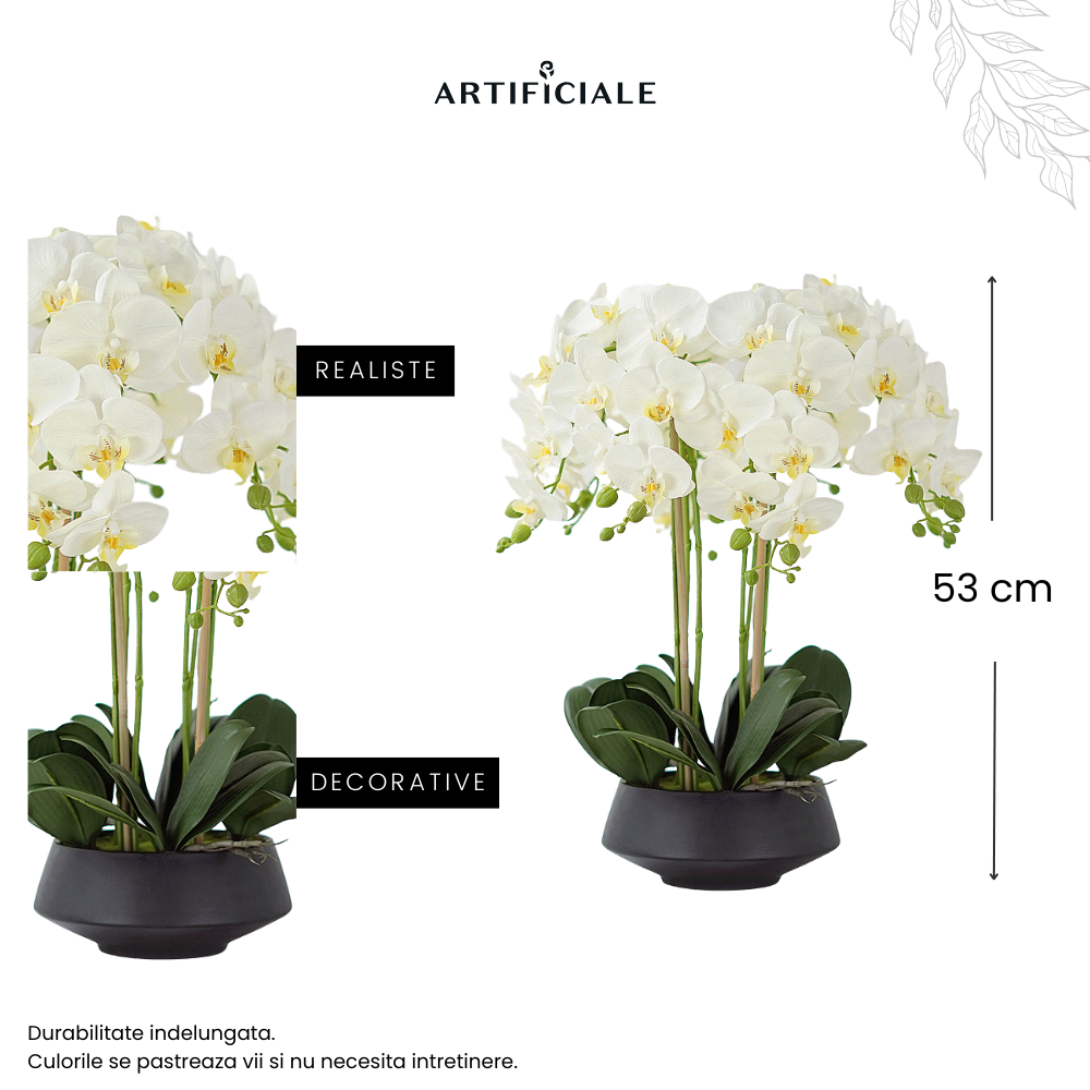 Orhidee Artificiala Phalaenopsis Alba XXL – 53 cm, ghiveci ceramic inclus