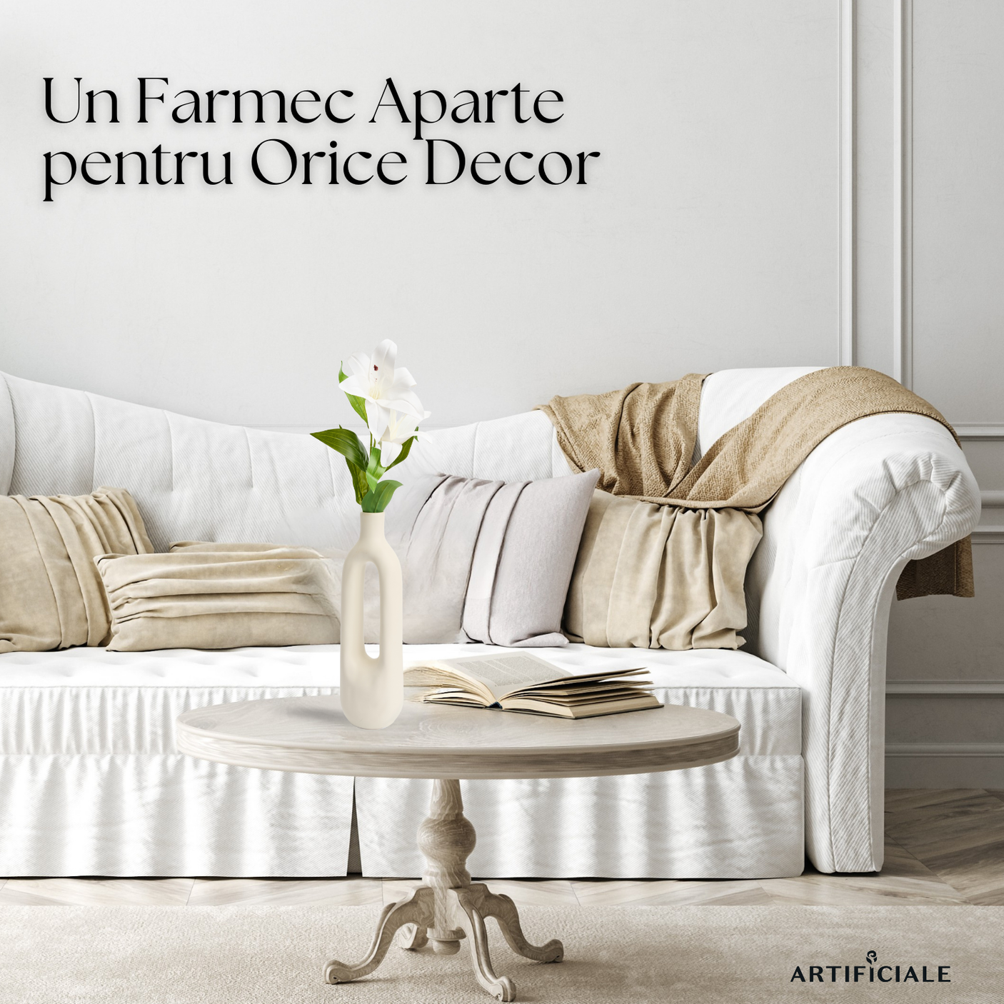 Crin Artificial 3D cu 2 Flori – 1 Fir, Roz sau Alb, 58 cm