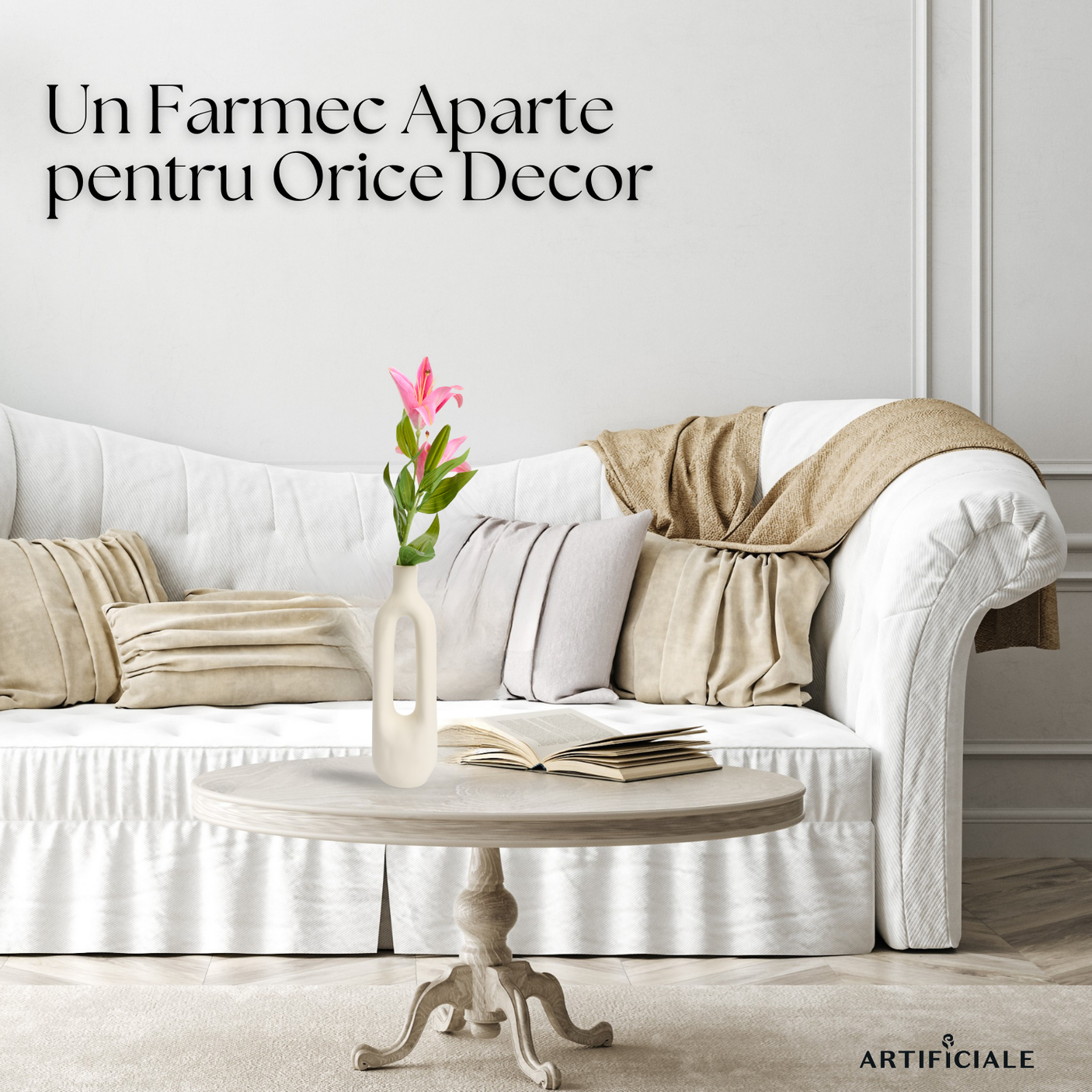 Crin Artificial 3D cu 2 Flori – 1 Fir, Roz sau Alb, 58 cm