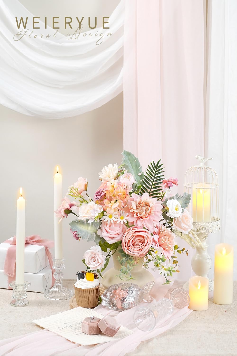 Cutie cu Flori Artificiale Mix Roz Romantic – set decorativ pentru aranjamente DIY, nunta si casa