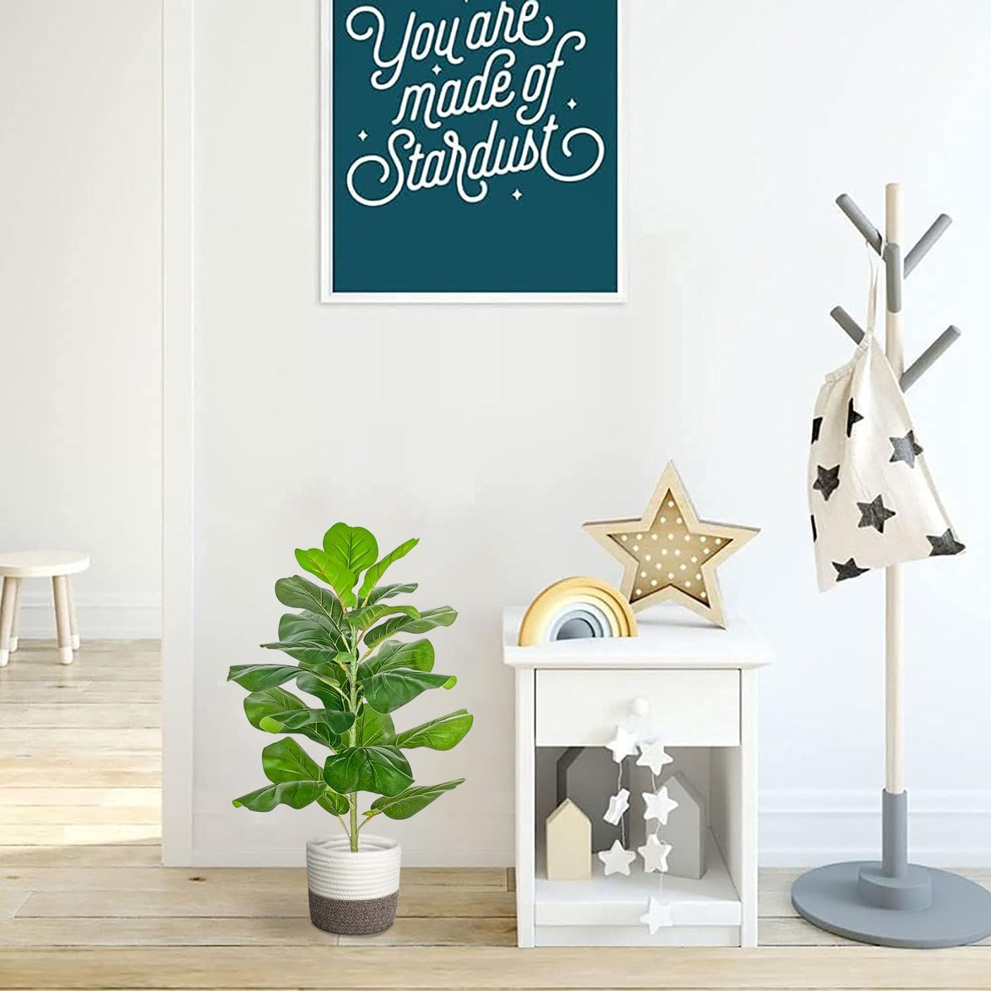 Planta Artificiala Ficus Lyrata – 60 cm, cu ghiveci din plastic si cos decorativ din bumbac