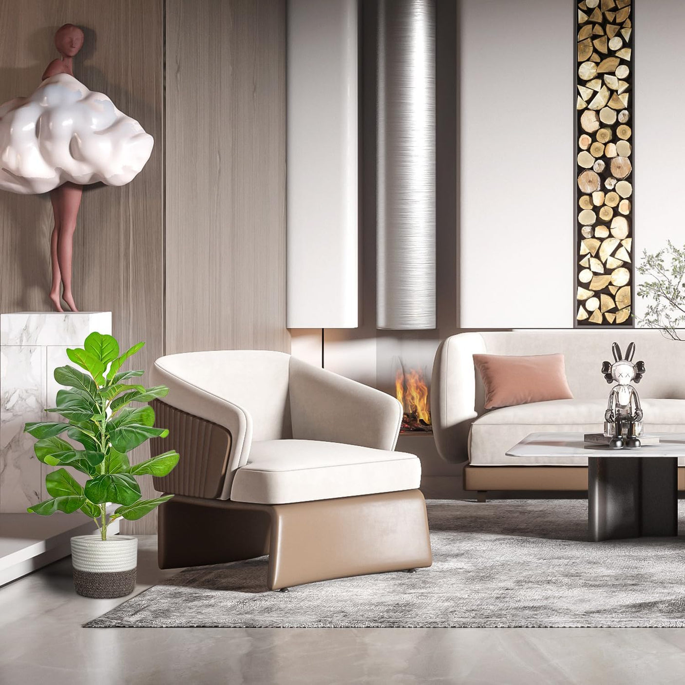 Planta Artificiala Ficus Lyrata – 60 cm, cu ghiveci din plastic si cos decorativ din bumbac