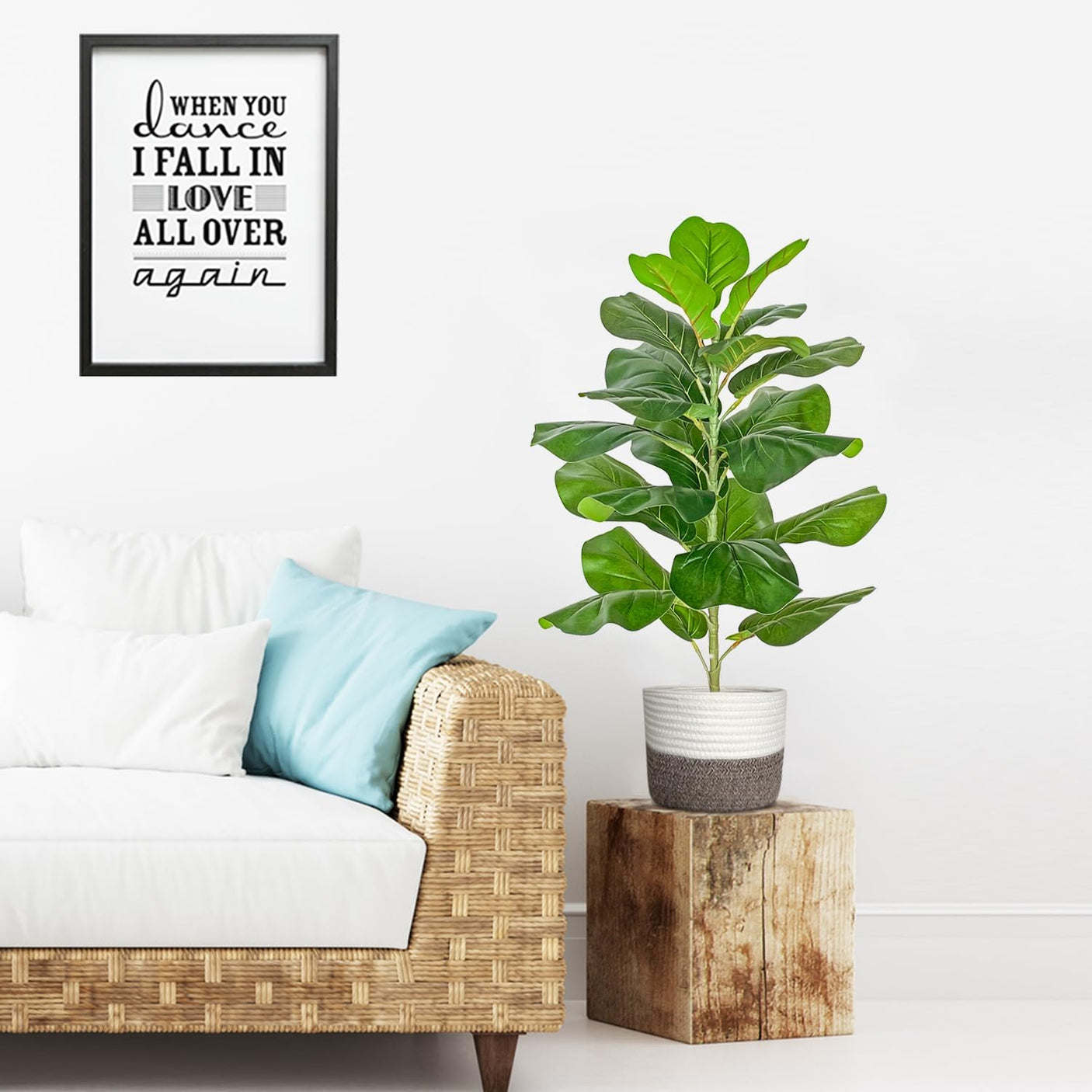Planta Artificiala Ficus Lyrata – 60 cm, cu ghiveci din plastic si cos decorativ din bumbac