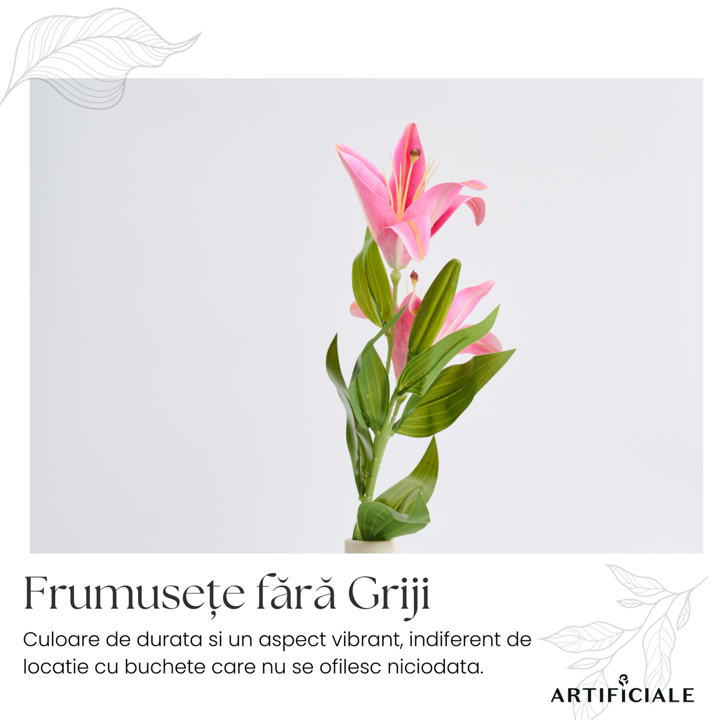 Crin Artificial 3D cu 2 Flori – 1 Fir, Roz sau Alb, 58 cm