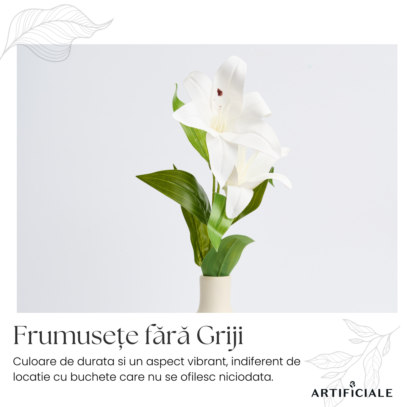 Crin Artificial 3D cu 2 Flori – 1 Fir, Roz sau Alb, 58 cm