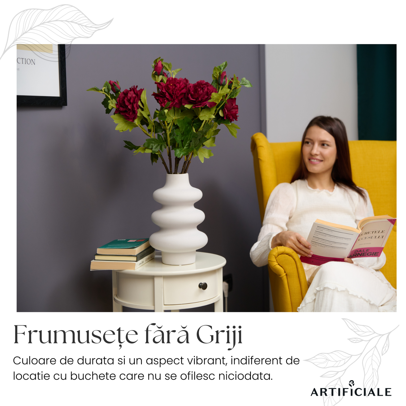 Buchet Bujori Artificiali (Paeonia) - 3 sau 5 Fire, Roz, Alb sau Rosu, Floare 12 cm