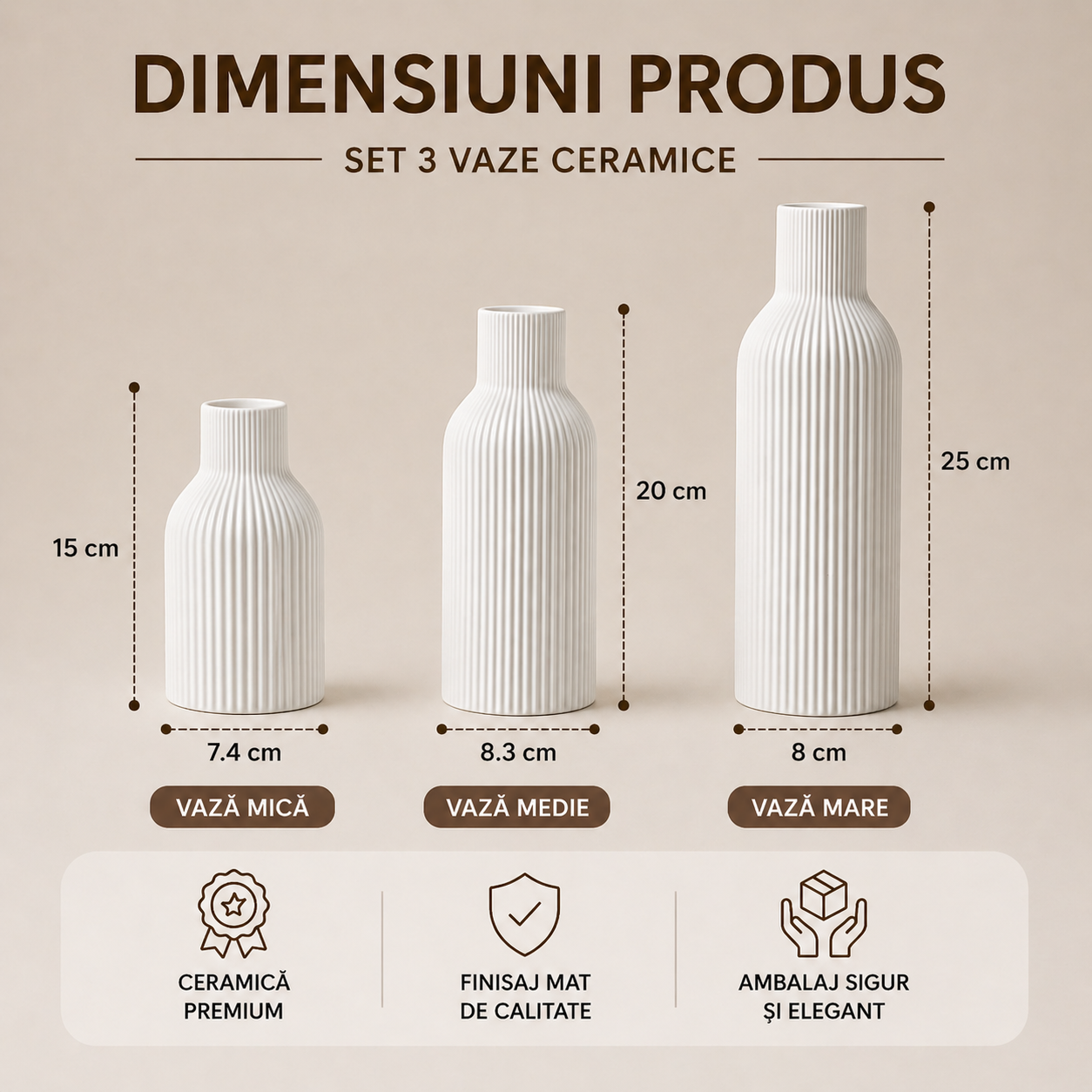 Set 3 Vaze Ceramice Decorative Albe cu Design Modern Minimalist