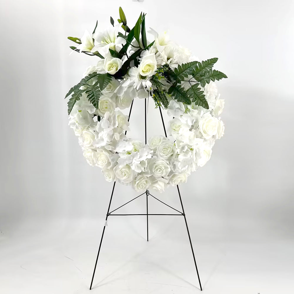 Coroana Funerara Artificiala Alba Premium cu Trandafiri, Crini si Hortensii – 70x60 cm