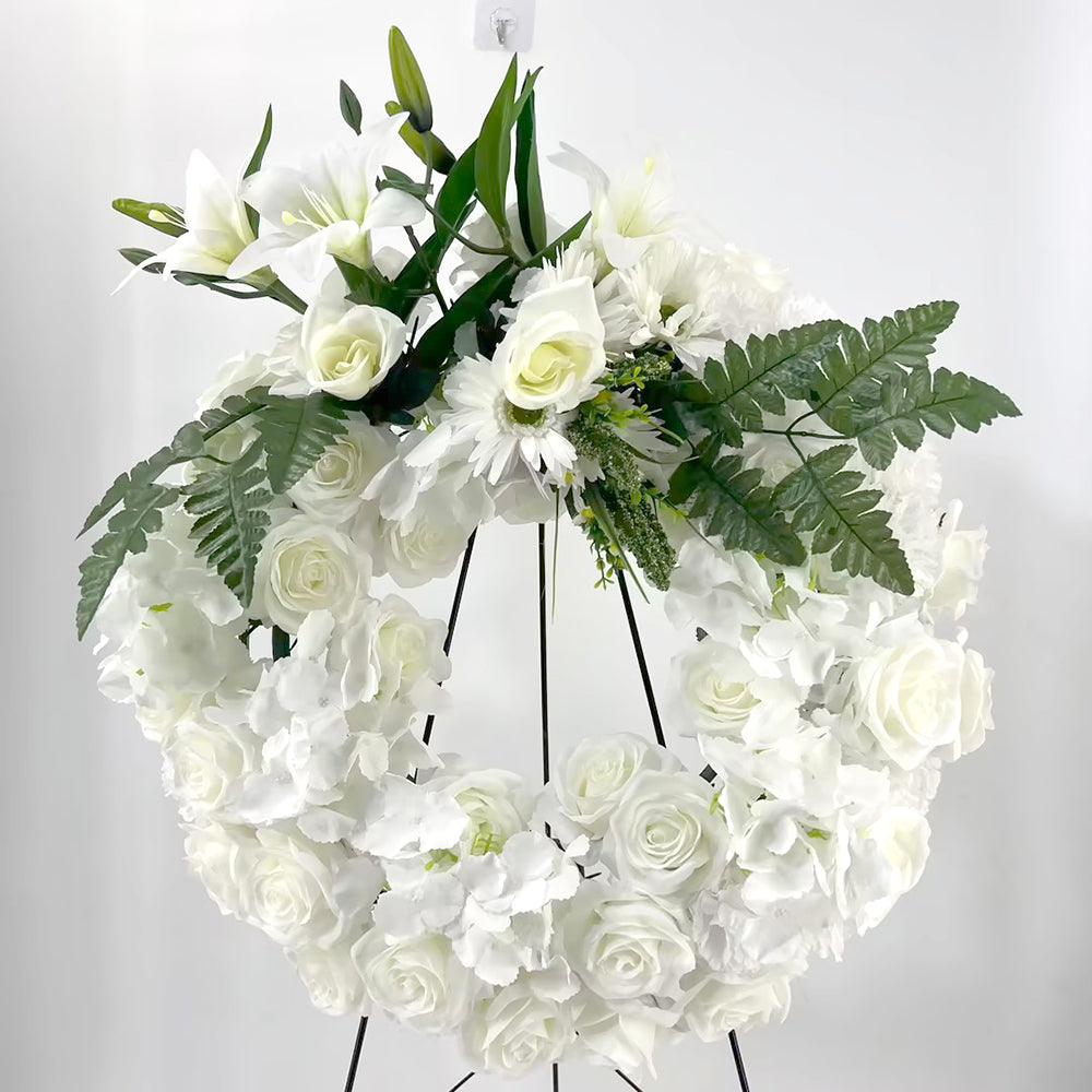 Coroana Funerara Artificiala Alba Premium cu Trandafiri, Crini si Hortensii – 70x60 cm