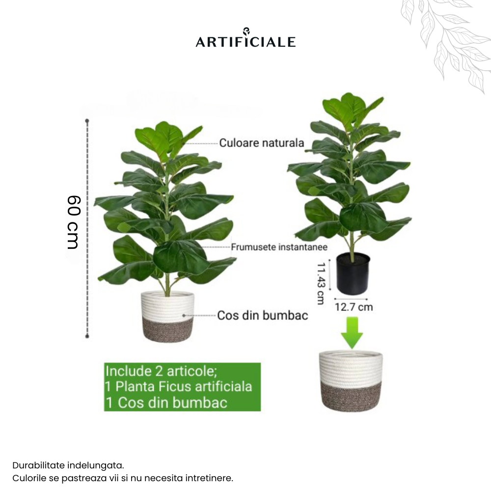 Planta Artificiala Ficus Lyrata – 60 cm, cu ghiveci din plastic si cos decorativ din bumbac