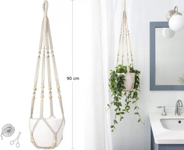 Plantă Decorativă cu Frunze Verzi și Suport Suspendabil din Macrame, 90 cm