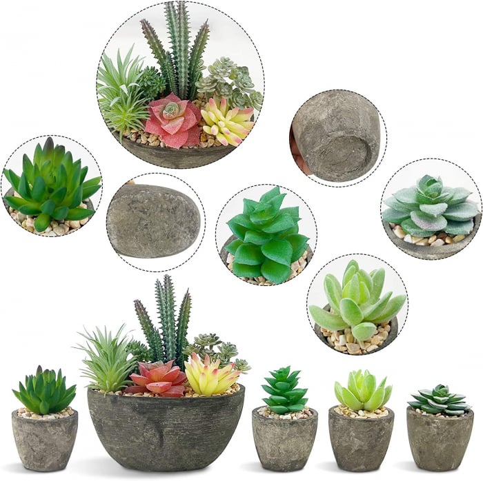 Set 5 Plante Artificiale Suculente Realist Confecționate cu Ghivece din Piatra, Inaltime 18 cm