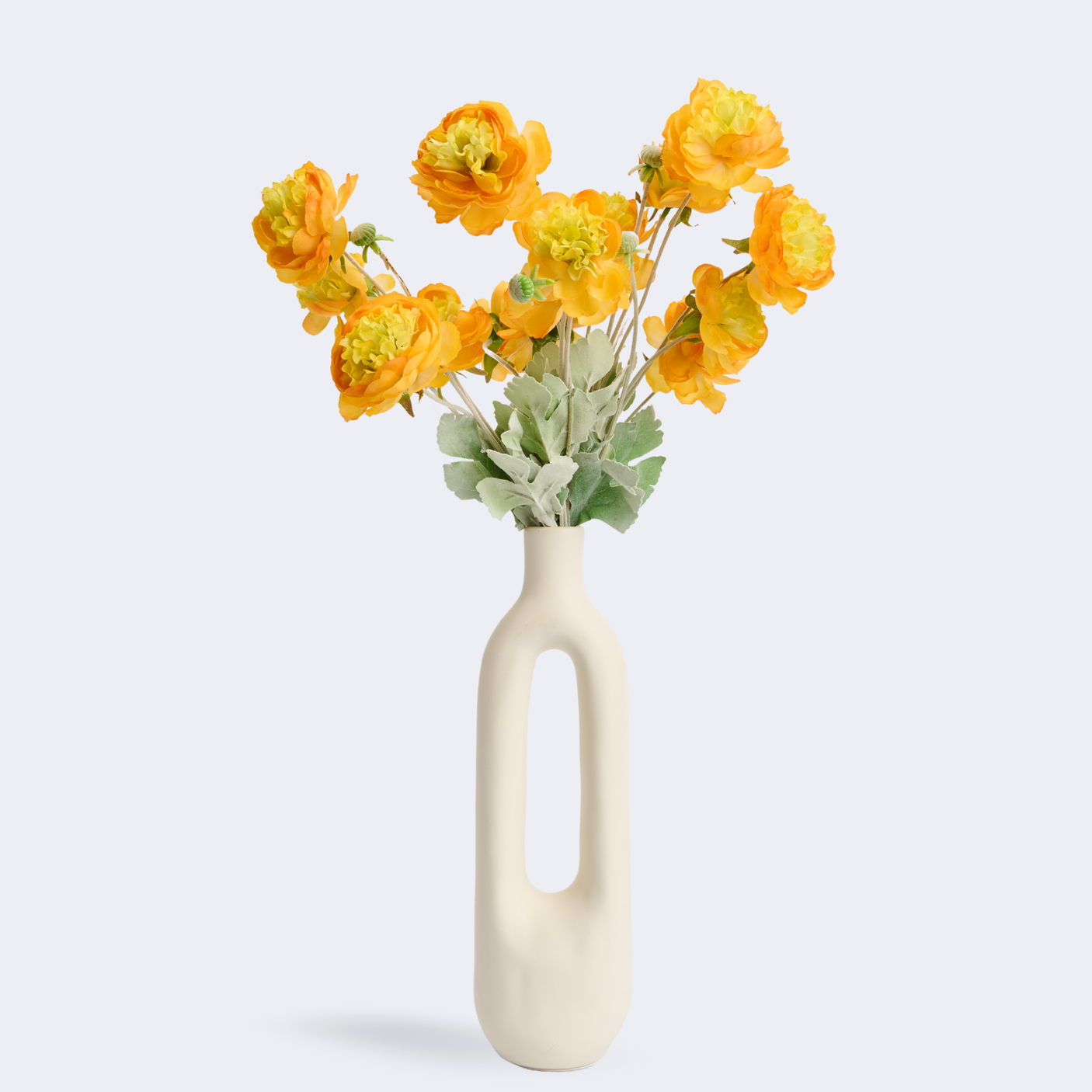 Buchet de Ranunculus Artificial (Piciorul Cocosului) - Set 3 si 5 Fire, Culori Mov, Alb, Portocaliu, Lungime 60 cm