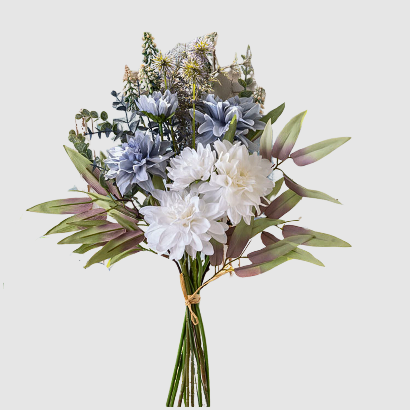 Buchet de Dalii Artificiale Albe și Albastre – Lungime 50 cm, Design Realist, Ideal pentru Decoruri Elegante