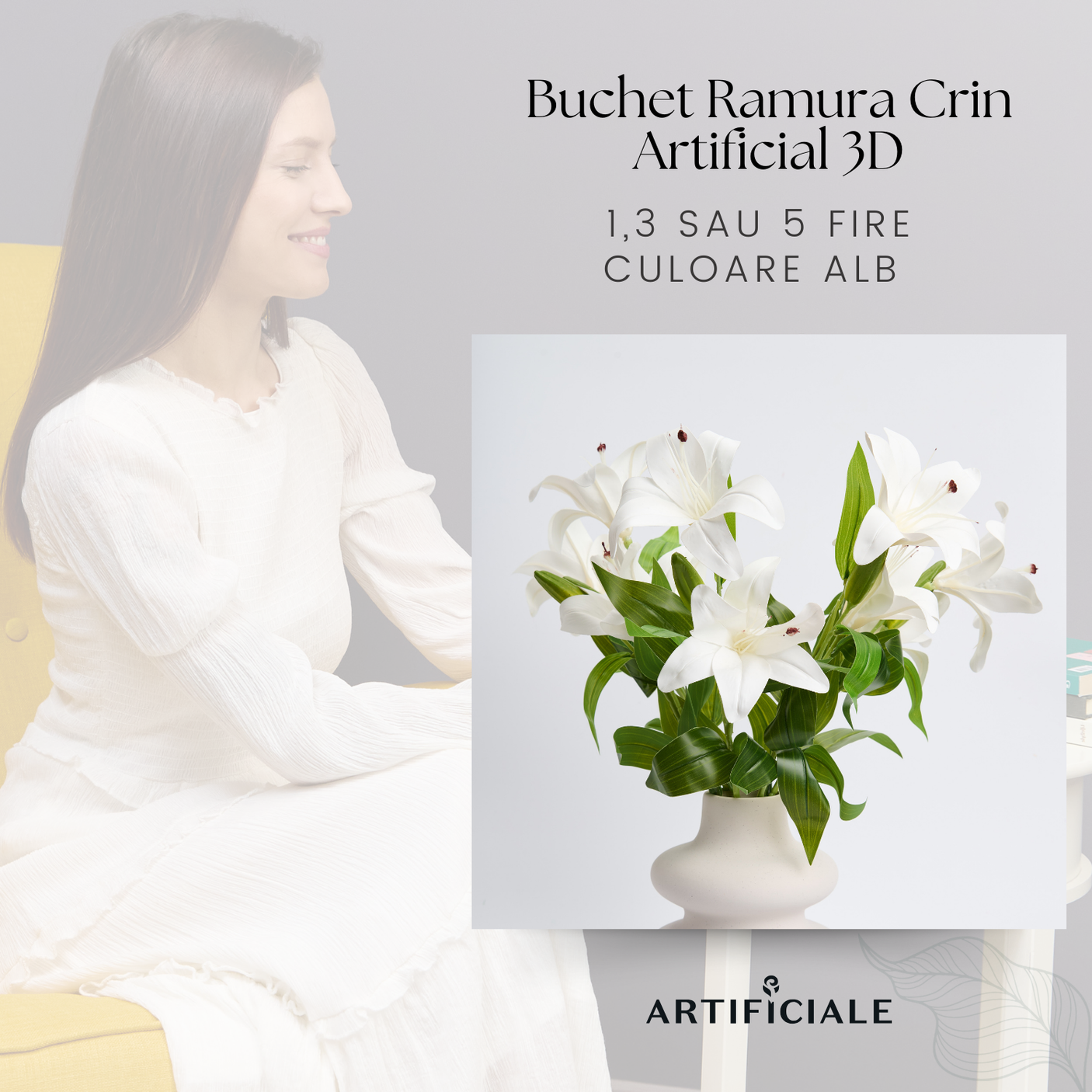 Buchet Crini Artificiali 3D cu 2 Flori - 1, 3 sau 5 Fire, Roz sau Alb, 58 cm