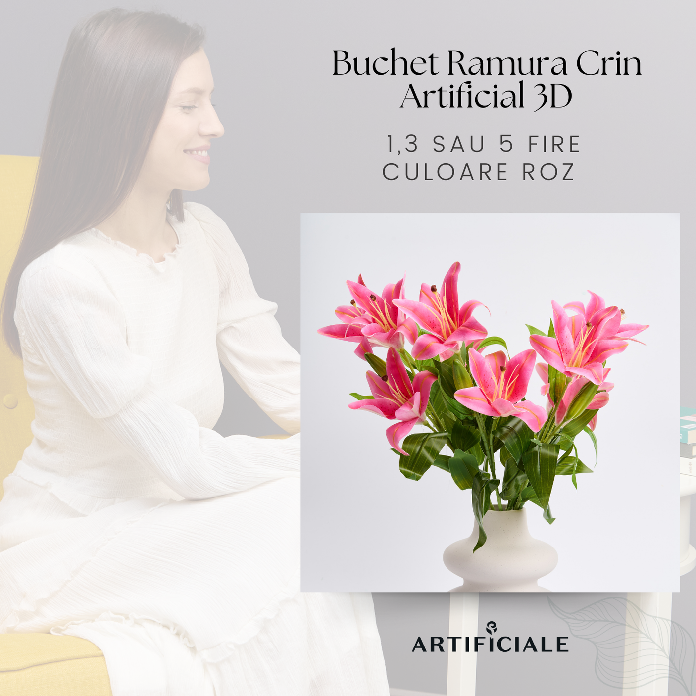 Buchet Crini Artificiali 3D cu 2 Flori - 1, 3 sau 5 Fire, Roz sau Alb, 58 cm