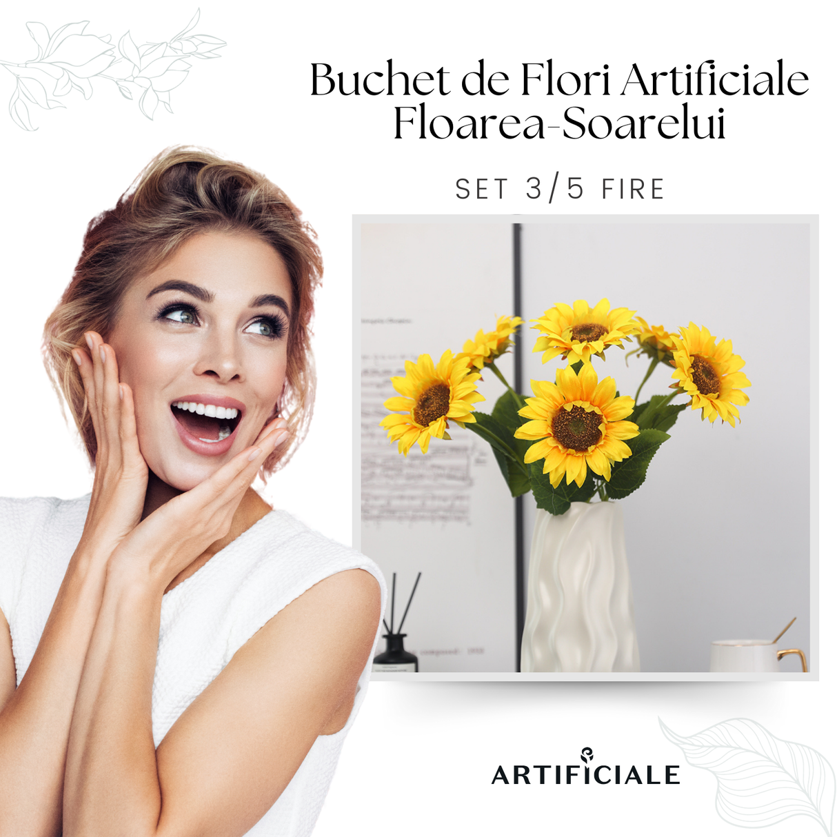 Buchet de Flori Artificiale Floarea-Soarelui - 45 cm, Disponibil în Culoare Galbenă - Opțiuni de 3 sau 5 Fire