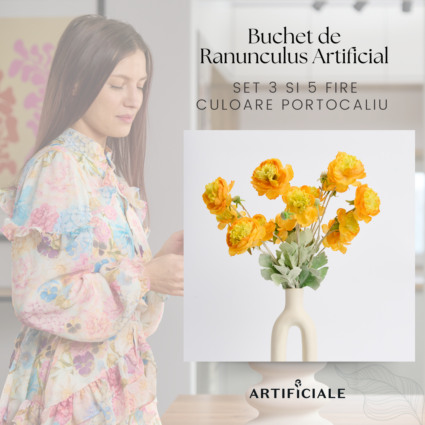 Buchet de Ranunculus Artificial (Piciorul Cocosului) - Set 3 si 5 Fire, Culori Mov, Alb, Portocaliu, Lungime 60 cm