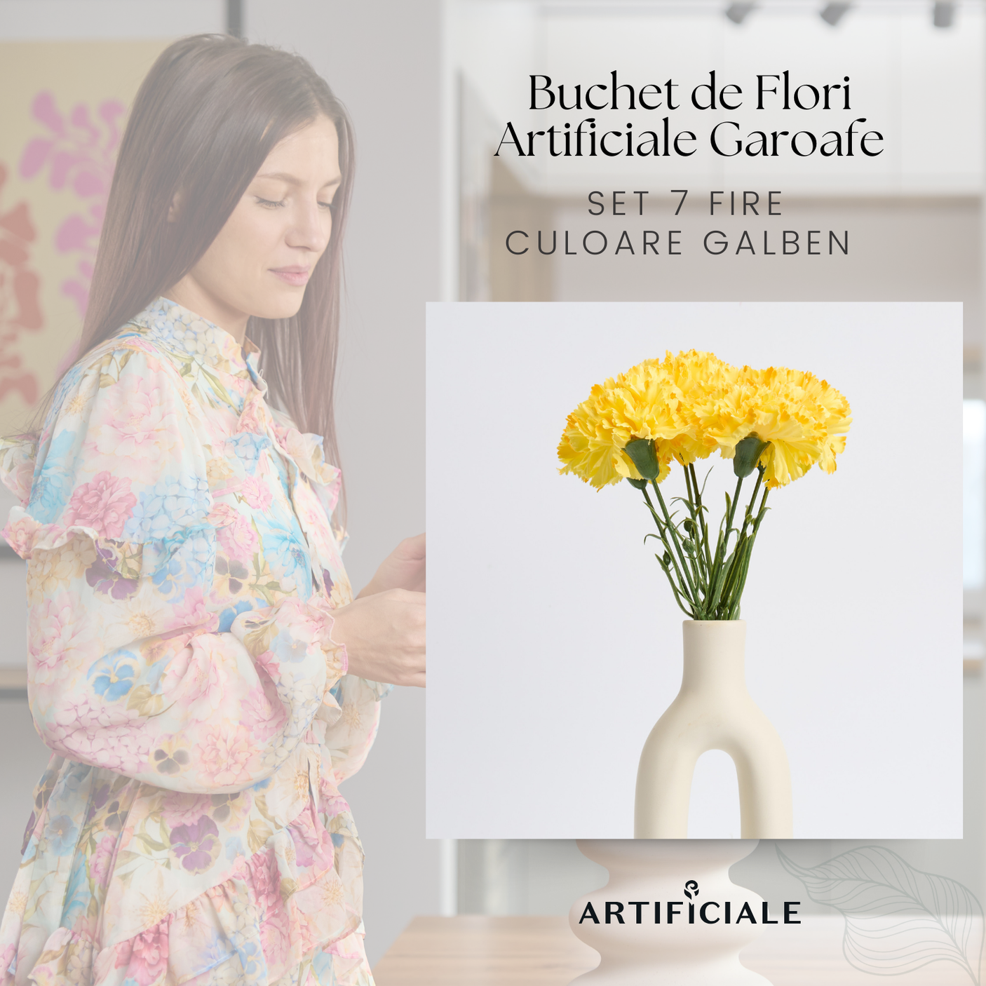 Buchet de Flori Artificiale Garofite - Set 5 sau 7 Fire per Culoare (Roz, Rosu, Galben) - 49 cm