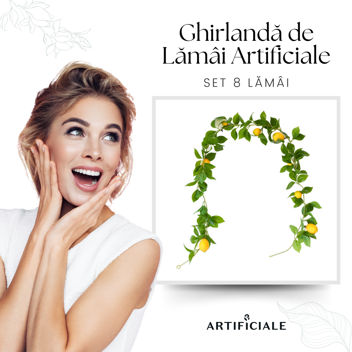 Ghirlandă de Lămâi Artificiale - 1,8 Metri, 8 Lămâi - Decor Proaspăt și Natural pentru Spațiul Tău