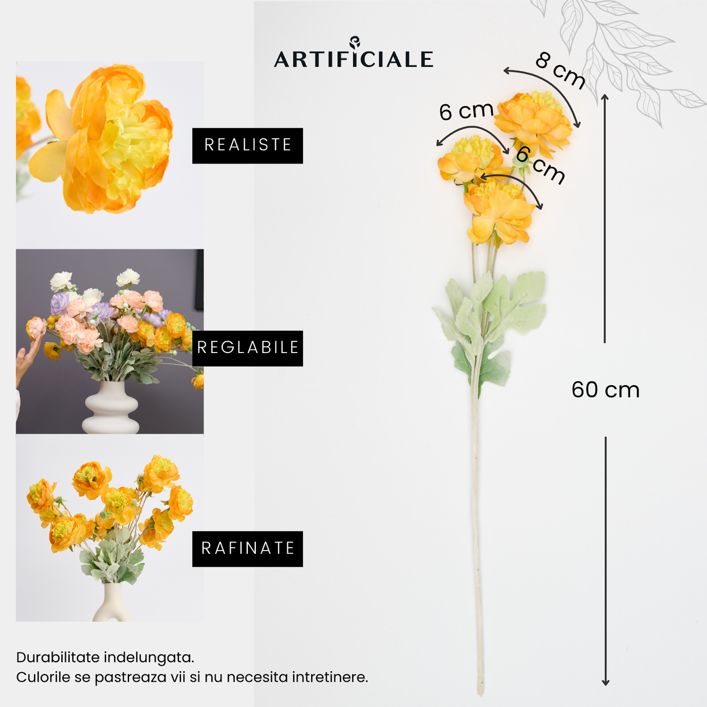 Buchet de Ranunculus Artificial (Piciorul Cocosului) - Set 3 si 5 Fire, Culori Mov, Alb, Portocaliu, Lungime 60 cm