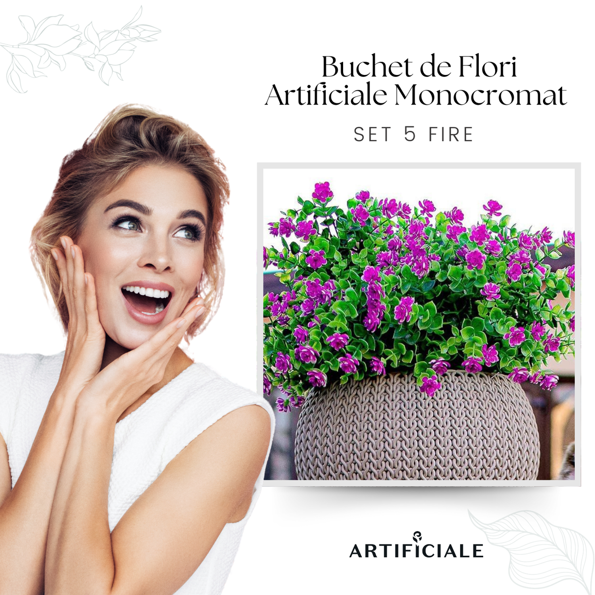 Buchet de Flori Artificiale Rezistente la UV - 5 Fire, 35 cm, Disponibil în 7 Culori (Alb, Violet, Galben, Roșu, Roz, Portocaliu, Roz Intens)