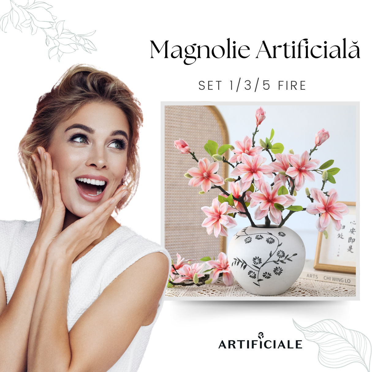 Magnolie Artificială - Crenguță Decorativă cu Flori Roz Pastel și Roz Șampanie, 56 cm, Disponibilă în Seturi de 1, 3 și 5 Fire