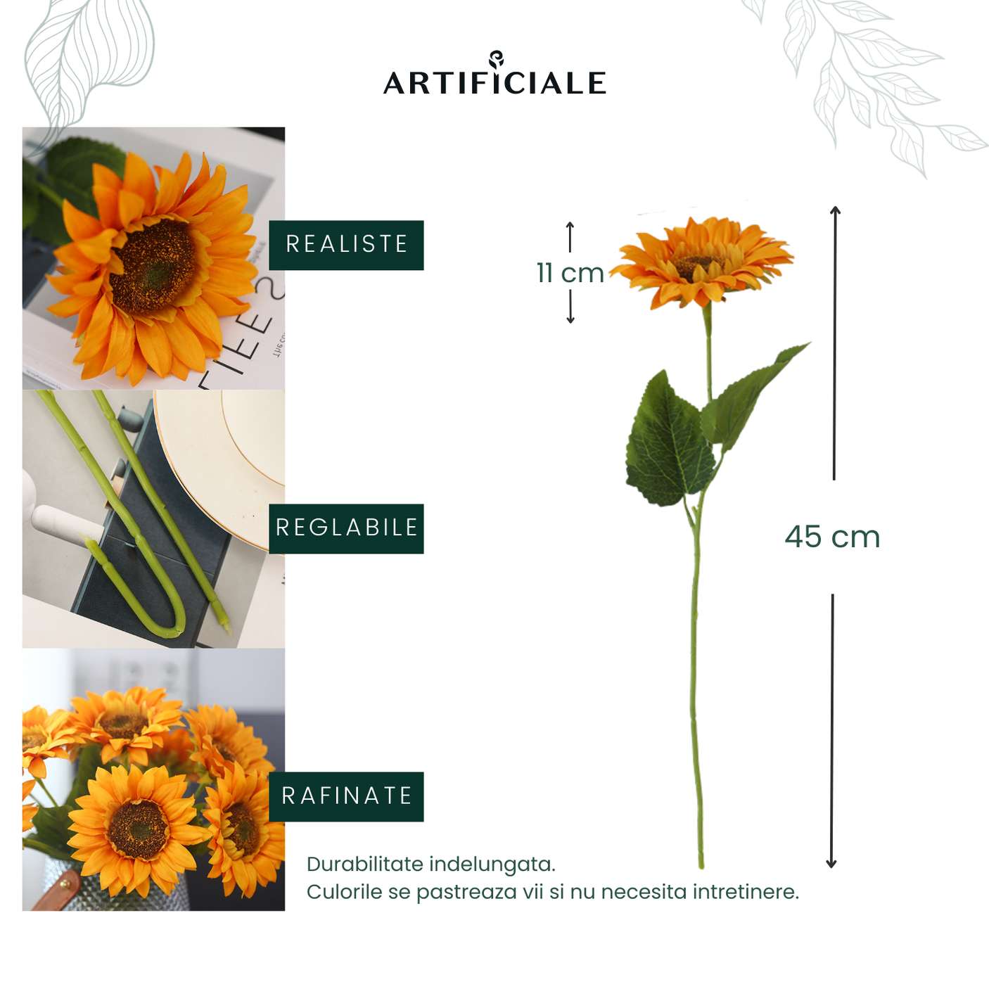 Buchet de Flori Artificiale Floarea-Soarelui - 45 cm, Disponibil în Culoare Galbenă - Opțiuni de 3 sau 5 Fire