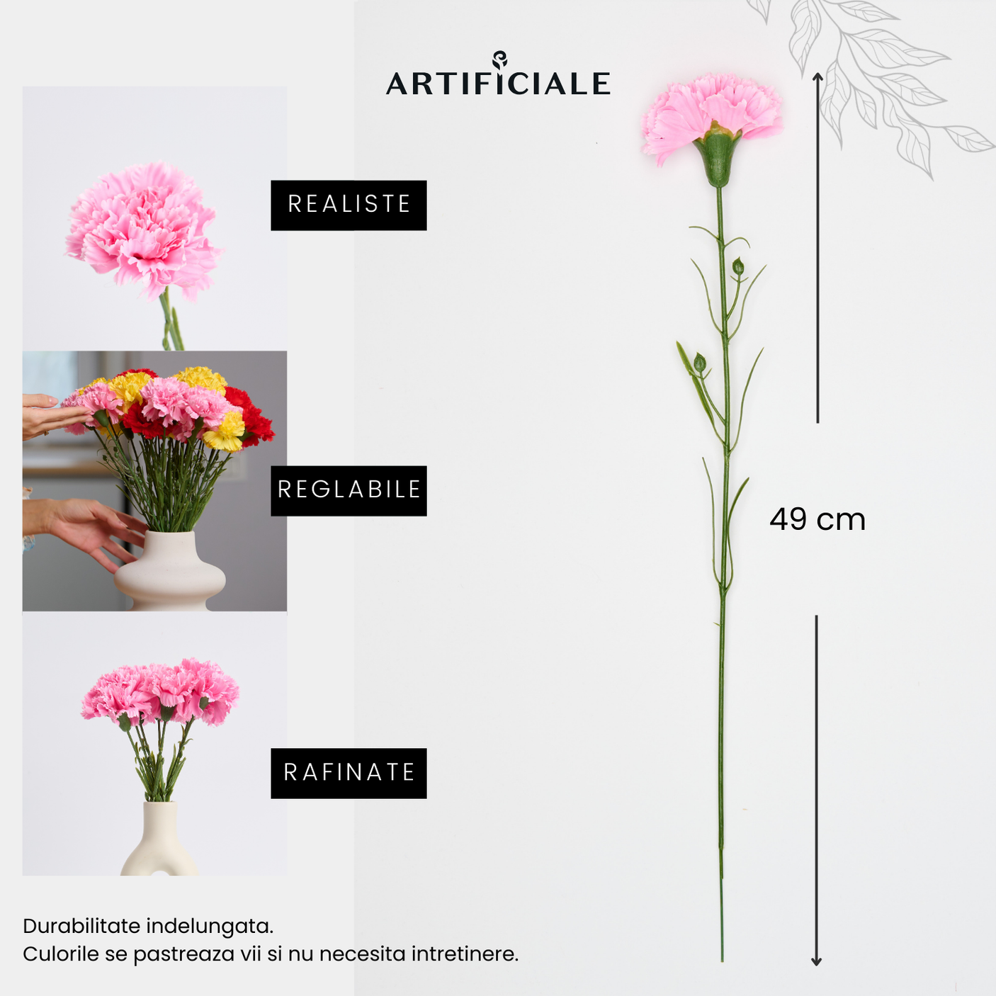 Buchet de Flori Artificiale Garofite - Set 5 sau 7 Fire per Culoare (Roz, Rosu, Galben) - 49 cm