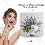 Buchet de Dalii Artificiale Albe și Albastre – Lungime 50 cm, Design Realist, Ideal pentru Decoruri Elegante