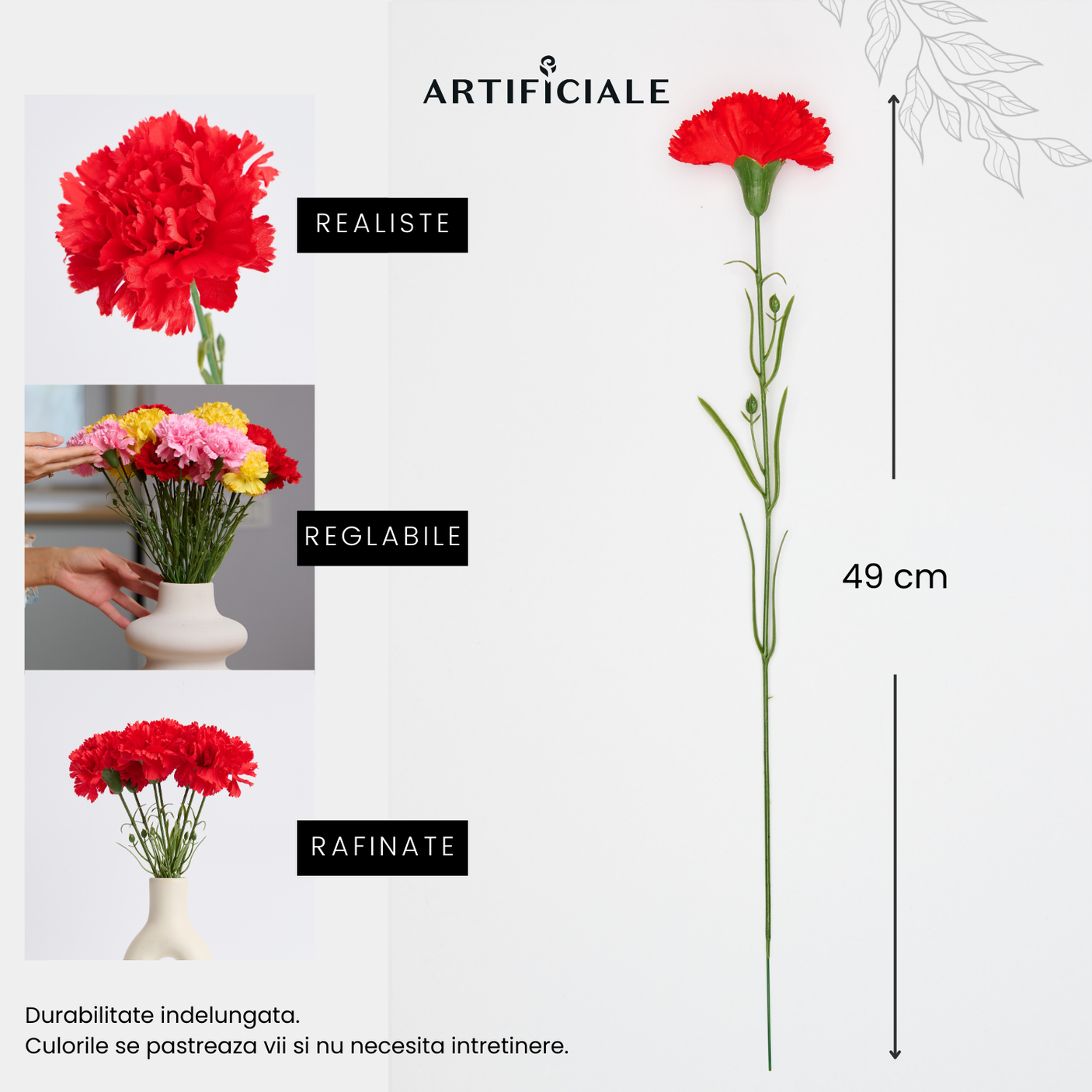 Buchet de Flori Artificiale Garofite - Set 5 sau 7 Fire per Culoare (Roz, Rosu, Galben) - 49 cm