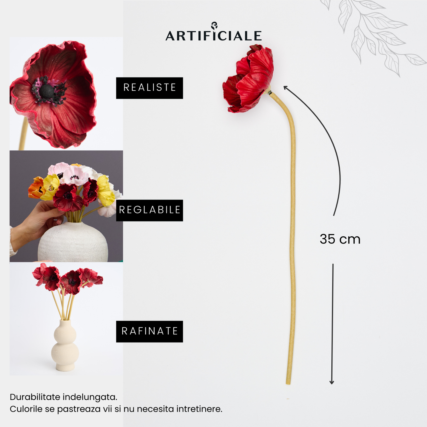 Buchet de Flori Artificiale Anemone - 5 sau 7 Fire per Culoare (Alb, Roz, Galben, Portocaliu, Roșu)