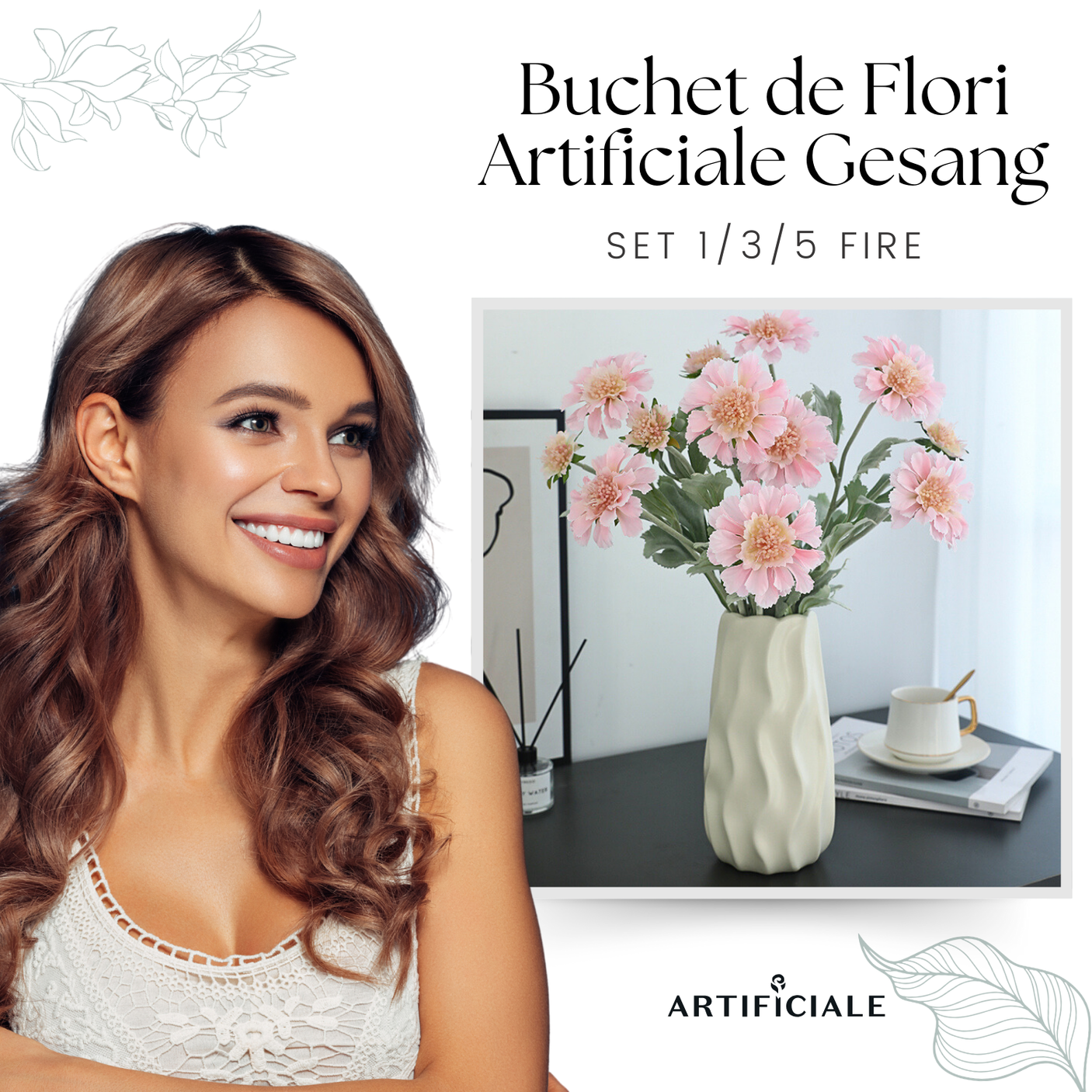 Buchet de Flori Artificiale Gesang (Floarea Cosmos) cu 3 Flori - 50 cm, Disponibil în 4 Culori (Roz, Alb, Galben, Albastru) - Opțiuni de 1, 3 sau 5 Fire