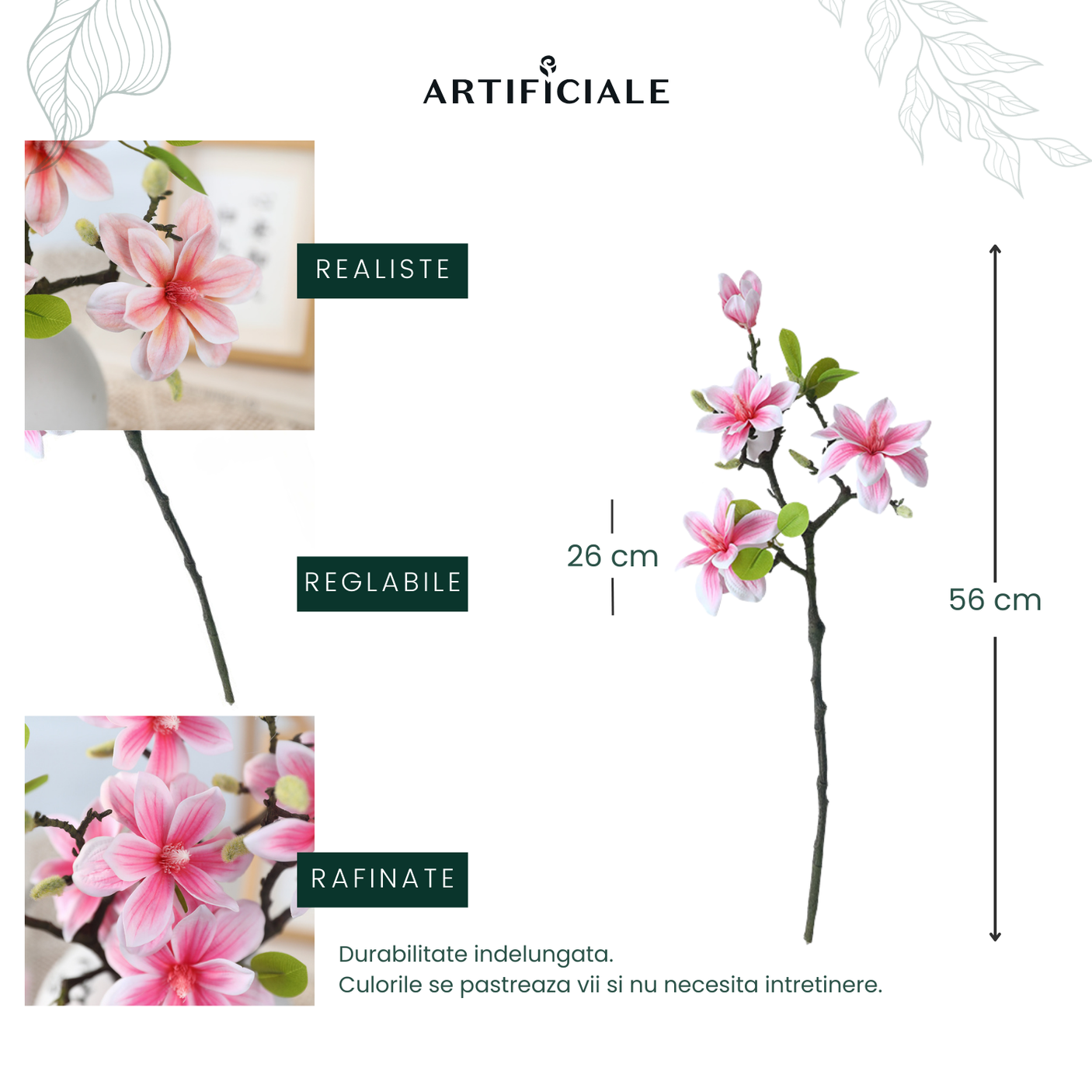 Magnolie Artificială - Crenguță Decorativă cu Flori Roz Pastel și Roz Șampanie, 56 cm, Disponibilă în Seturi de 1, 3 și 5 Fire