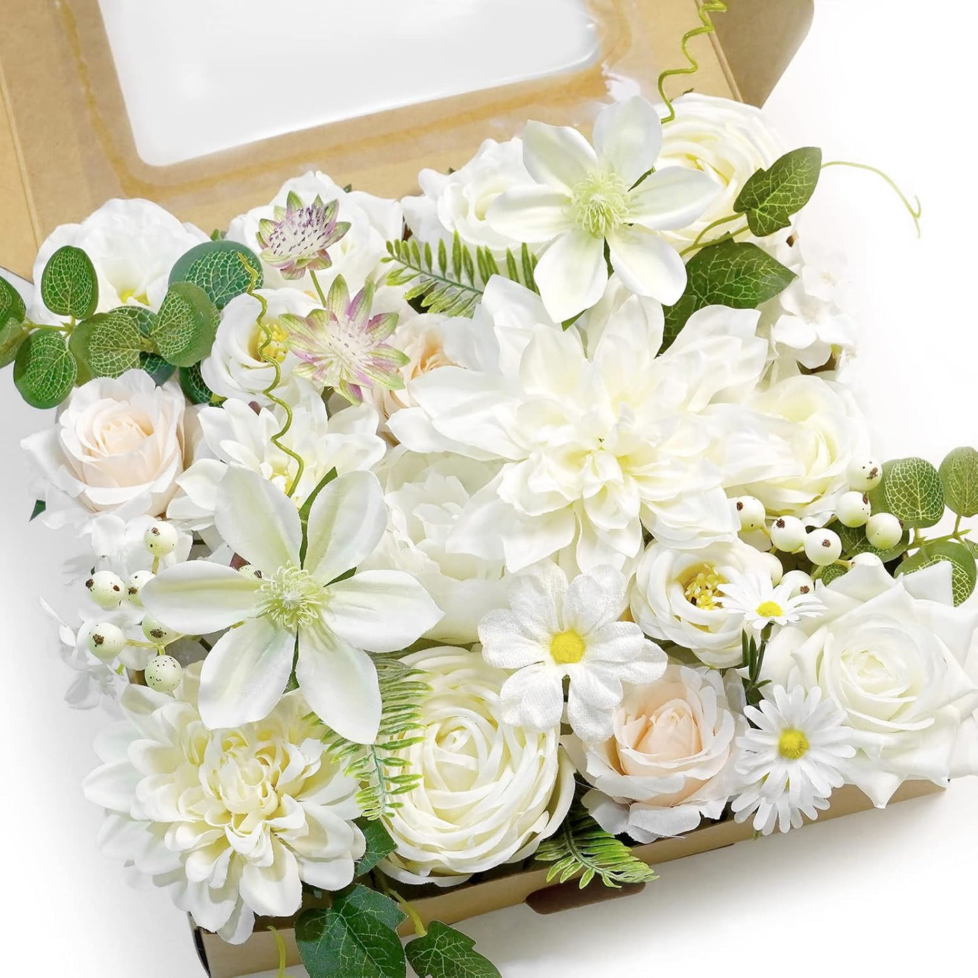 Cutie cu Flori Artificiale Mix Alb Ivory – set decorativ pentru aranjamente DIY, nunta si casa
