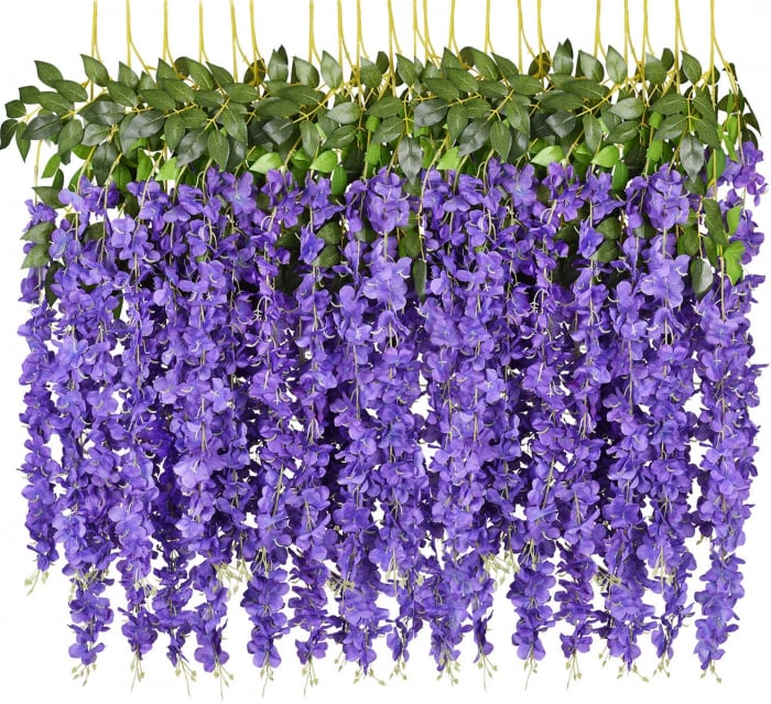 Set 12 Bucati Planta Artificiala Curgatoare Glicina Wisteria Mov cu Frunze, Lungime 1.1 m