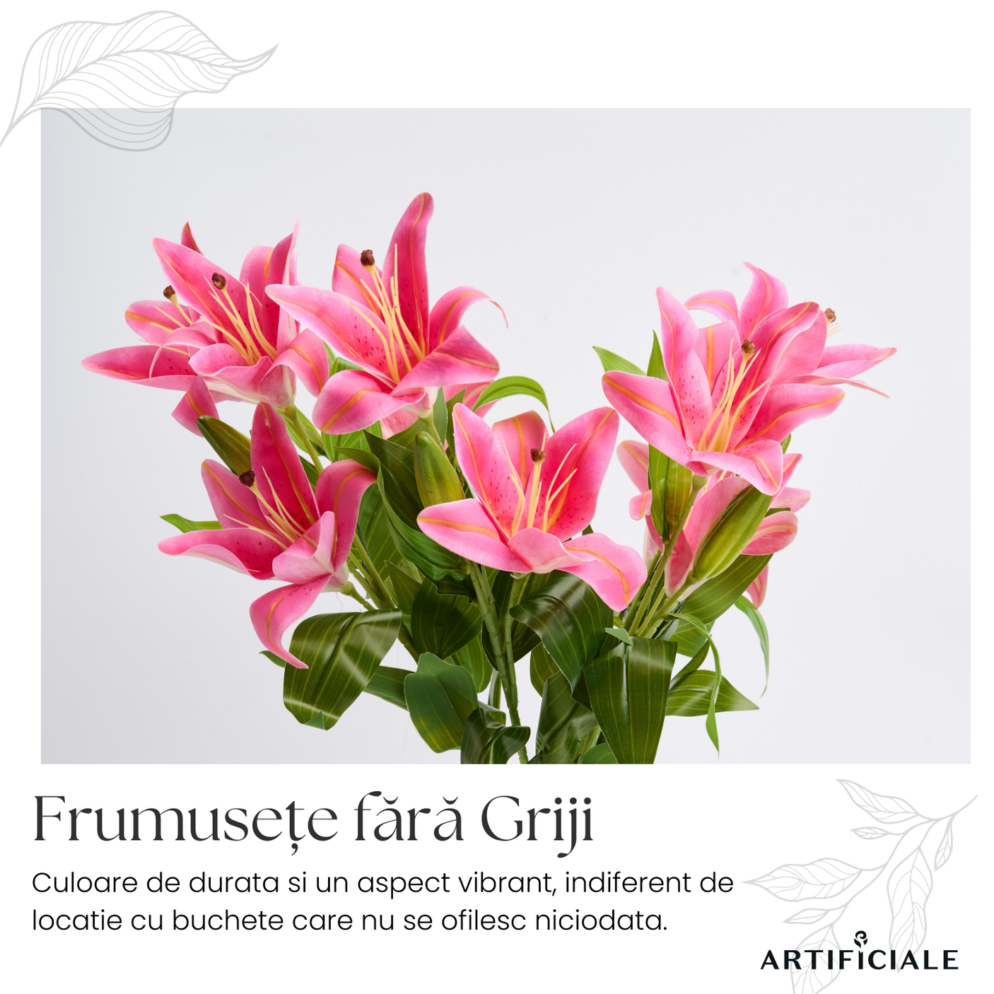 Buchet Crini Artificiali 3D cu 2 Flori - 1, 3 sau 5 Fire, Roz sau Alb, 58 cm