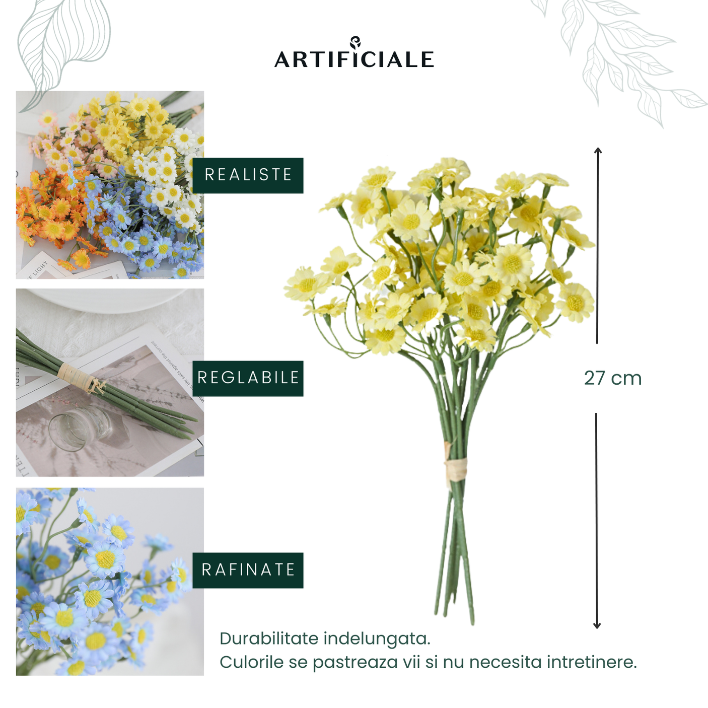 Buchet de Margarete Artificiale - 6 Fire, Disponibil în 3 Culori (Alb, Albastru, Galben)