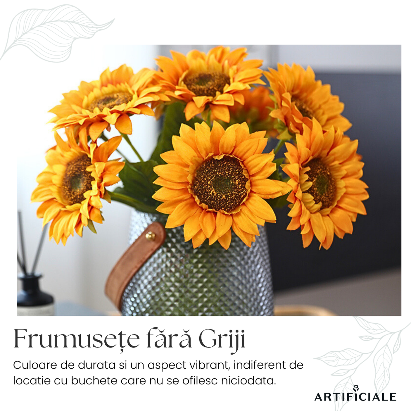 Buchet de Flori Artificiale Floarea-Soarelui - 45 cm, Disponibil în Culoare Galbenă - Opțiuni de 3 sau 5 Fire