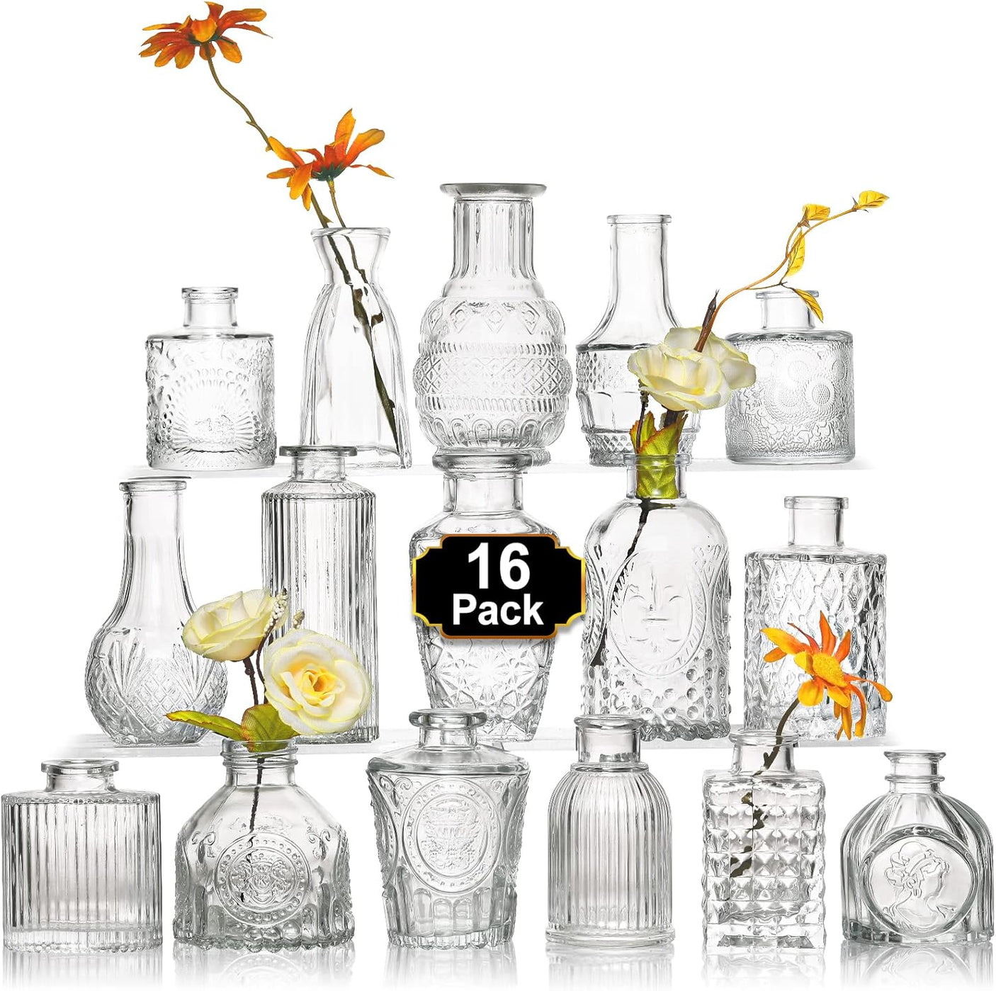 Set Vaze Mini Vintage Design, Modele Gravate din Sticla – 16, 30, 32 sau 45, diverse culori