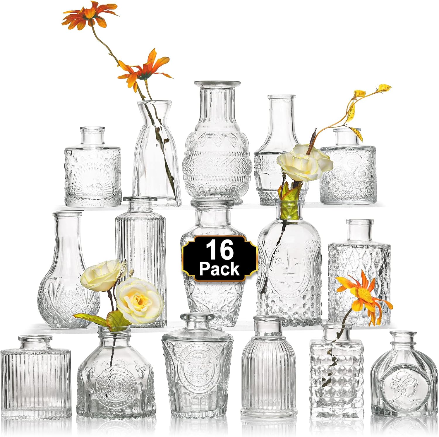 Set Vaze Mini Vintage Design, Modele Gravate din Sticla – 16, 30, 32 sau 45, diverse culori