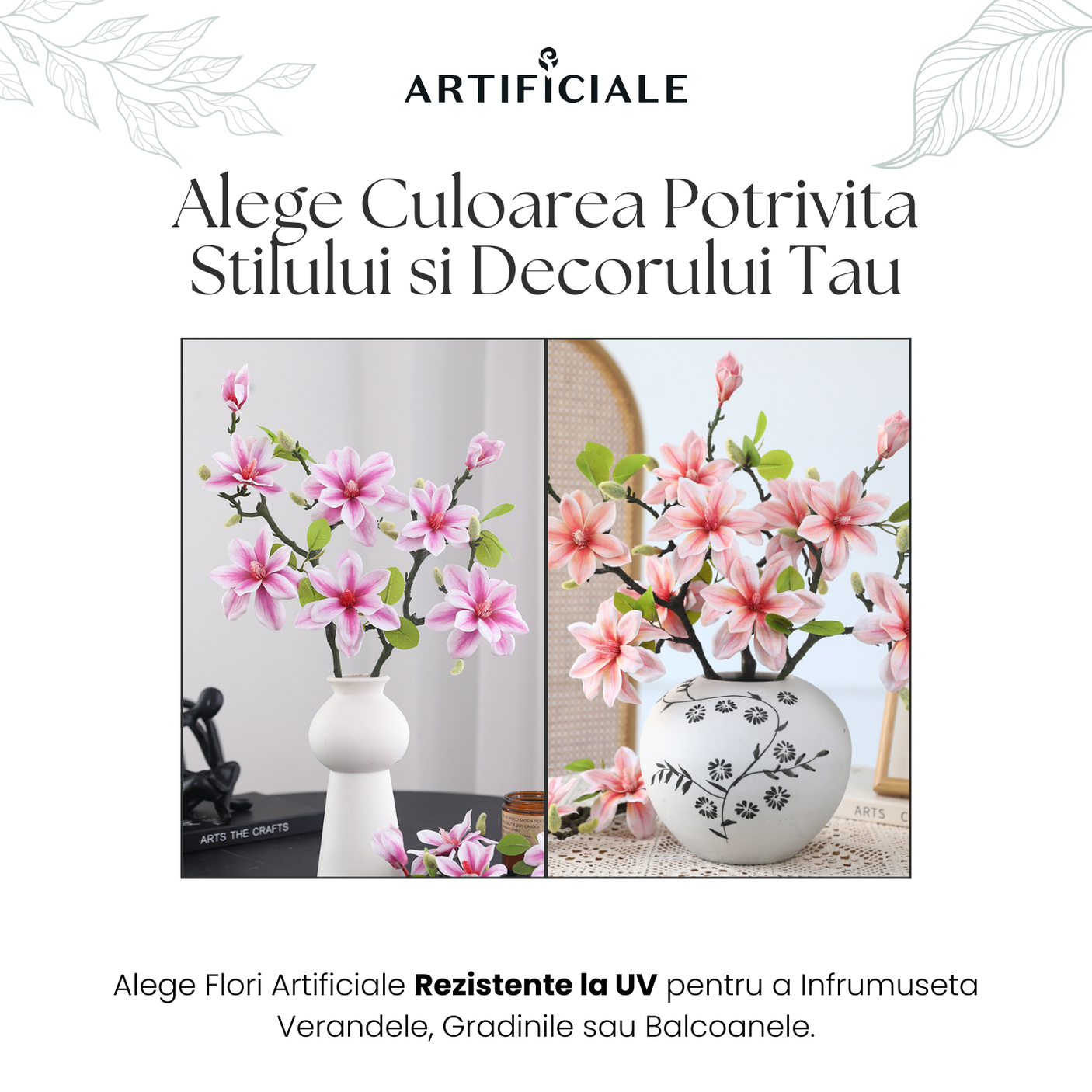 Magnolie Artificială - Crenguță Decorativă cu Flori Roz Pastel și Roz Șampanie, 56 cm, Disponibilă în Seturi de 1, 3 și 5 Fire