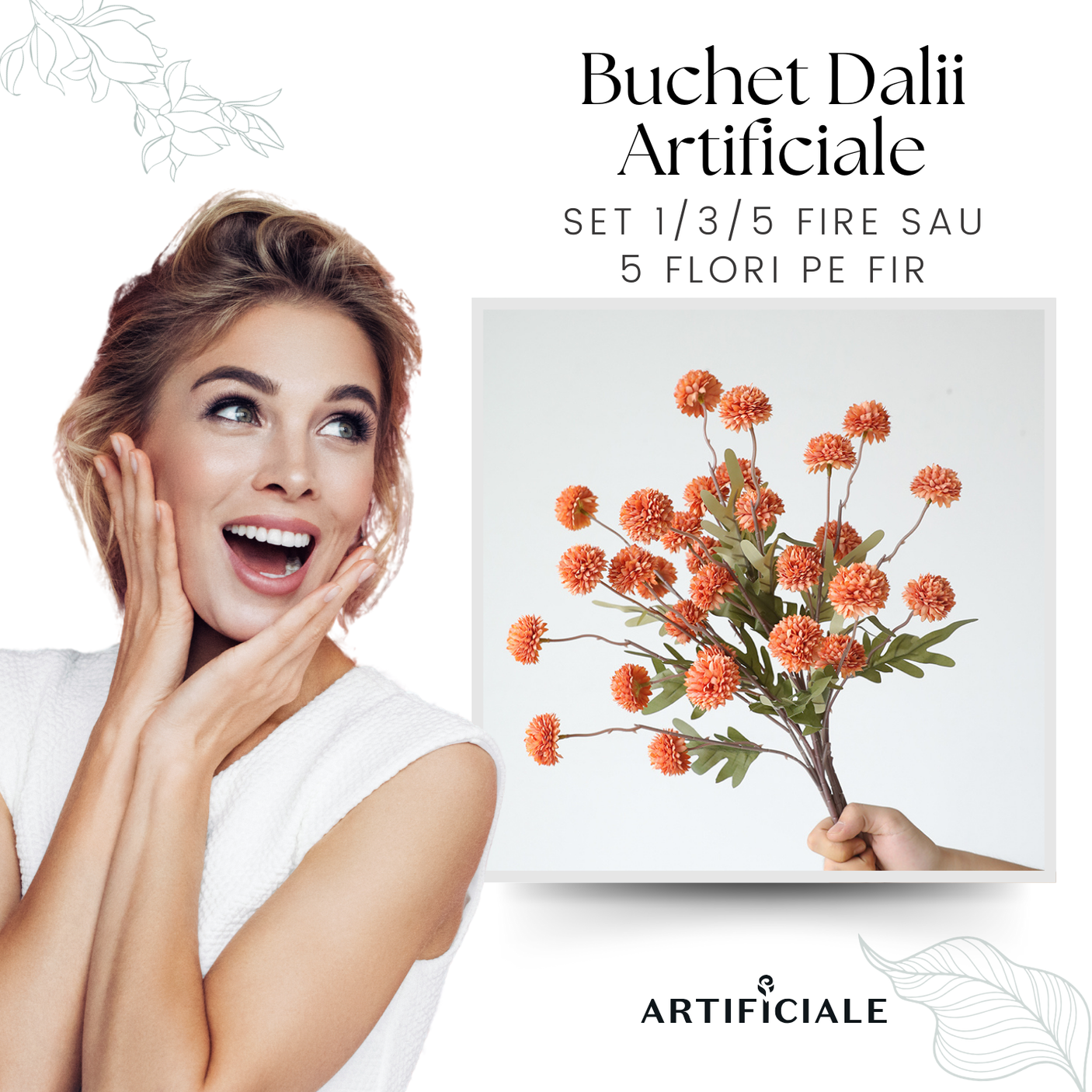 Buchet de Puf Regal Artificial - 51 cm, Disponibil în 4 Culori (Alb Crem, Roz, Alb, Galben) - Opțiuni de 1, 3 sau 5 Fire cu 5 Flori pe Fir